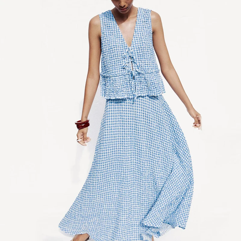 Z 2025 Estate Nuove donne irt e gonna a mantella Set piccolo plaid Faion Ensemble Fibra di poliestere ort Sve V-Ne