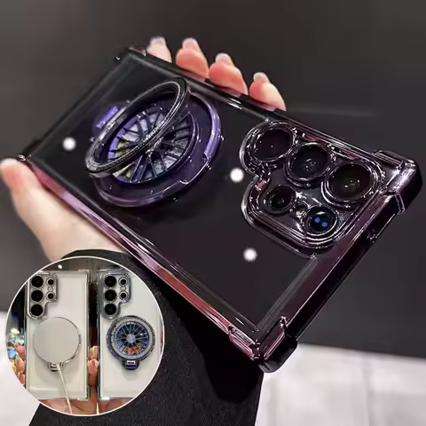 Luxury Magnetic Gyro Bracket Phone Case For Samsung S25 Ultra S23 S22 S21 S20 S24 Ultra Plus FE For Magsafe Clear Bumper Cover