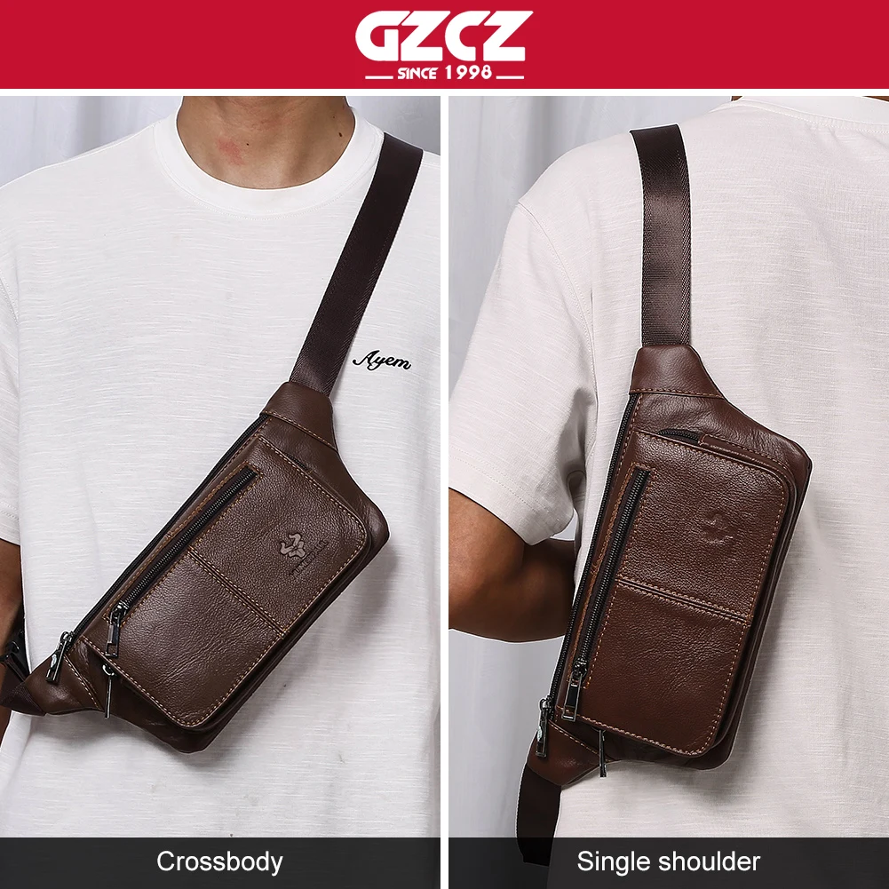 

GZCZ Men's Genuine Leather Waist Bag Casual Retro Mountaineering Fanny Pack Multifunctional Male Crossbody Chest Bag