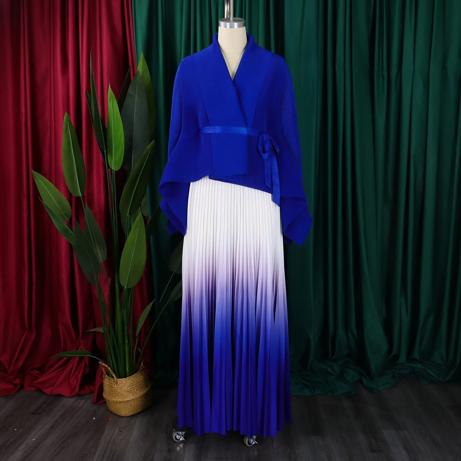 Women Dress Sets Print Floral Pleated Skirt Slim Matching Sets Lace Up Elegant Splice High Waist Full Sleeve Mid Length Vestidos