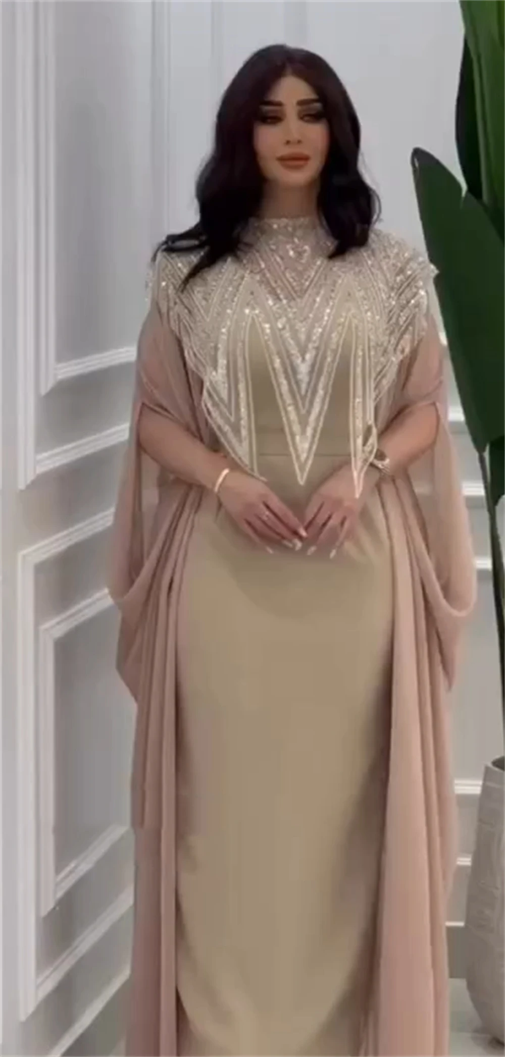 Vestido de baile com gola alta, Arábia Saudita Jersey, Beading drapeada, linha A formal, vestido de ocasião personalizado, vestidos longos