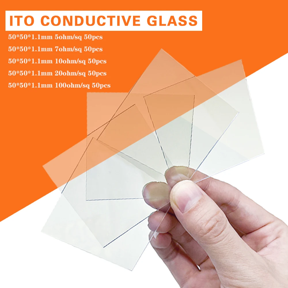 50*50*1.1mm 5/7/10/15/17/20/100 ohm/sq 50pcs Lab Transparent Conductive Glass Indium Tin Oxide ITO Glass Coated Glass