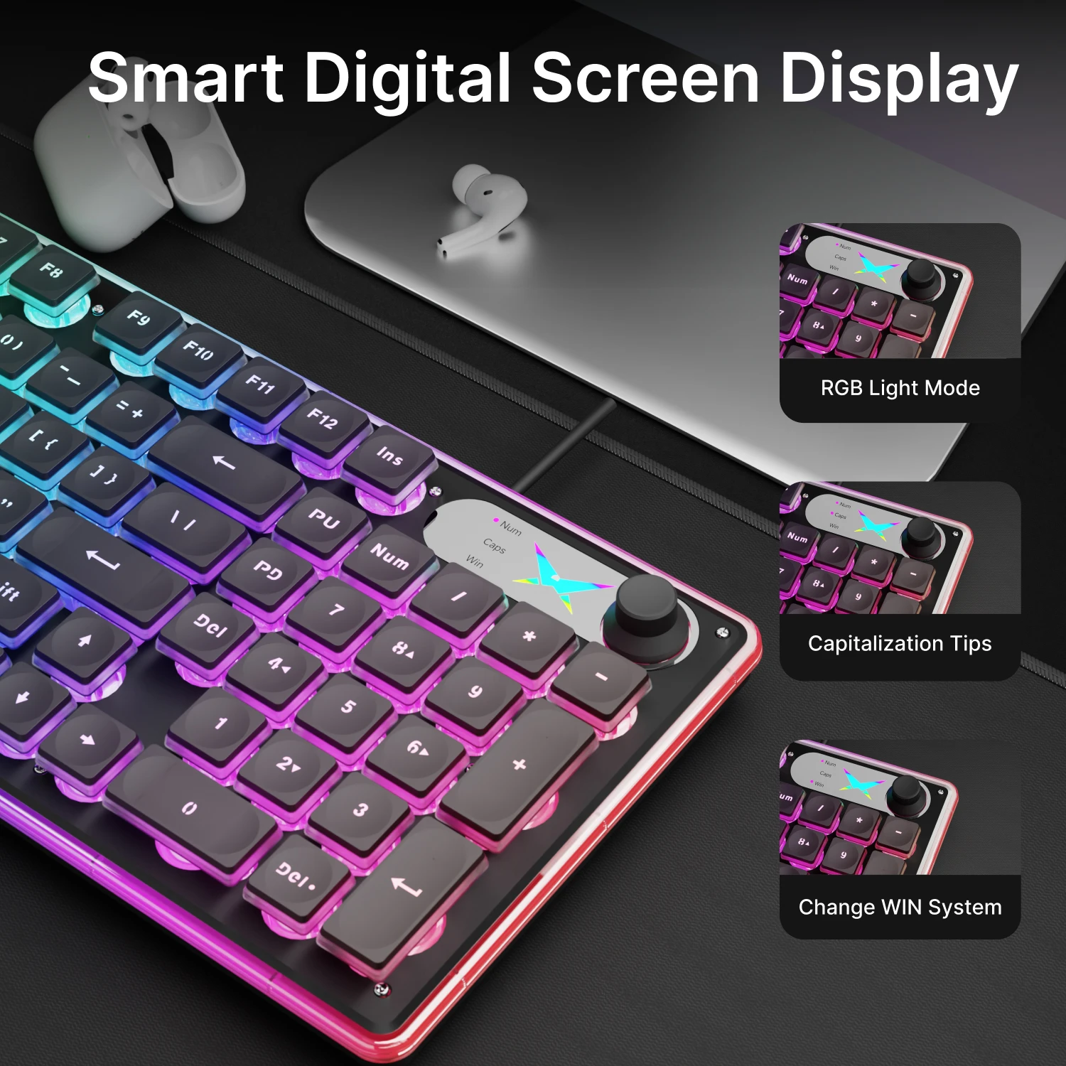 EWEADN Wired RGB Gaming Keyboard 98 Keys, Silent Office Keyboard with Screen Knob,Aluminum Panel,Ergonomic for PC/Laptop/Windows