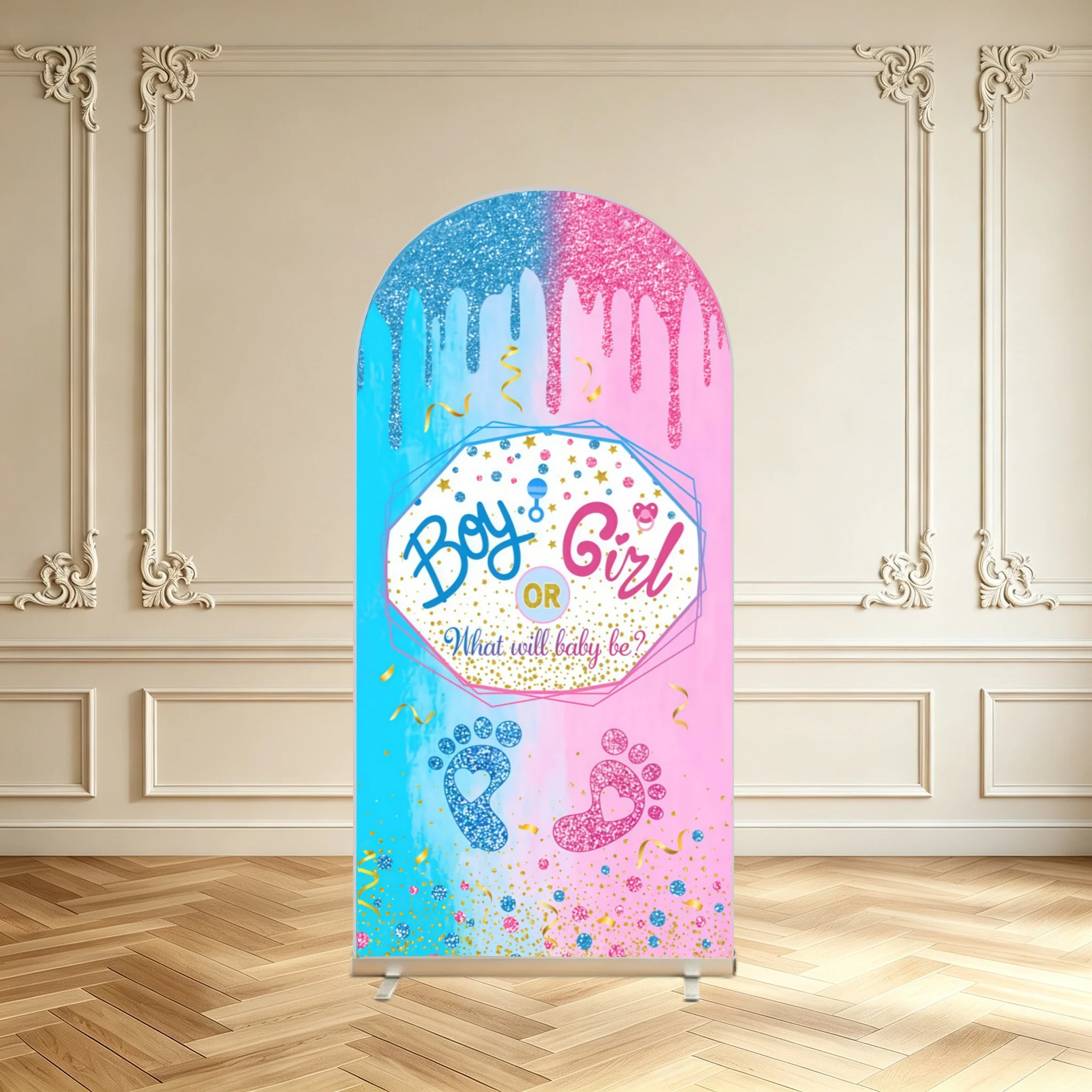 Pink Blue Glitter Gender Reveal Backdrop Cover Boy or Girl What Will Baby Be Party Decoration Double Sided Arch Cover Background