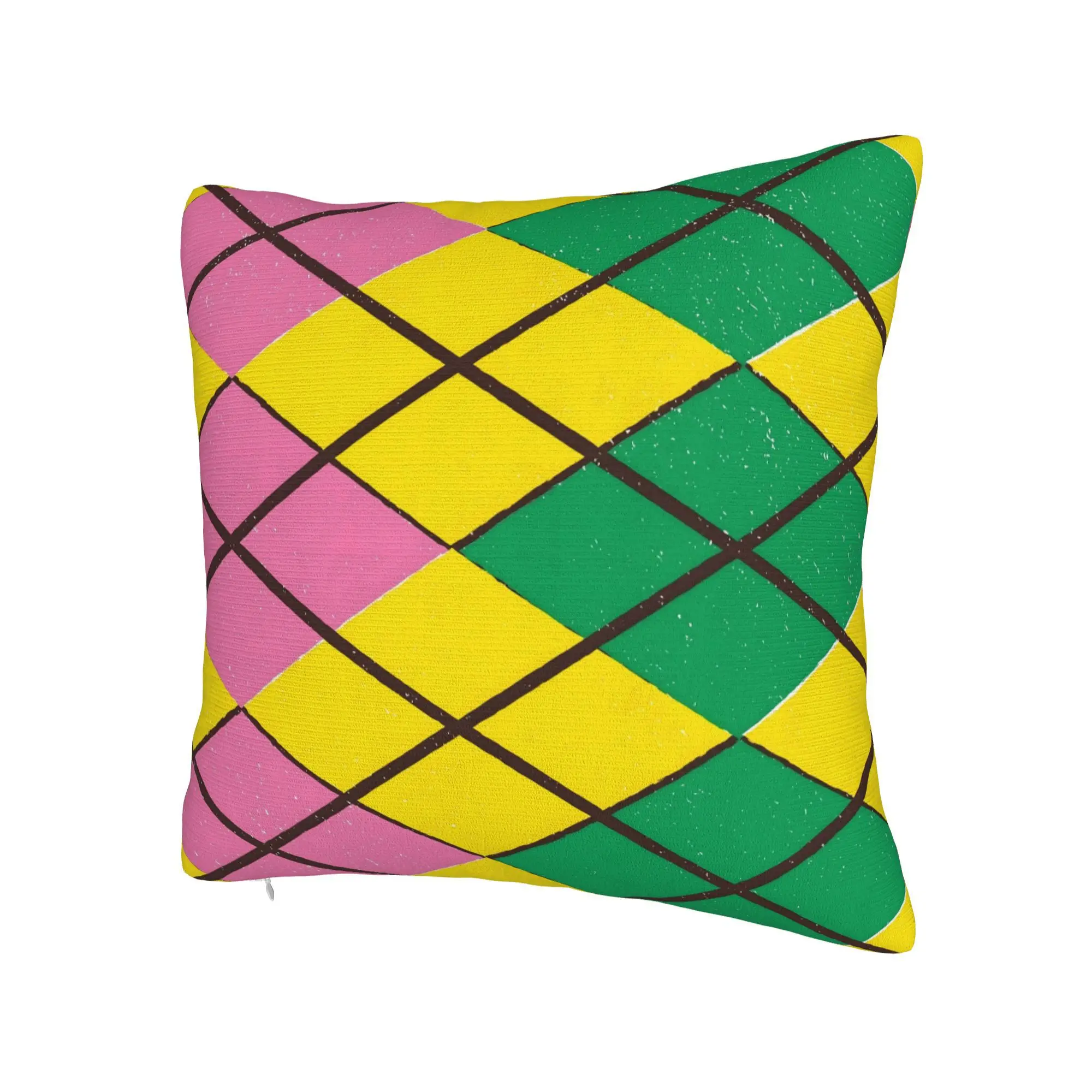 Yellow Pink Green Argyle Gingham Diamond Cushion Cover - Double-Sided Sofa Bed Pillow Case Suitable for Living Room,, Bedside Decor, Zipper Closure, Machine Washable Bedspread Covering (No Insert)