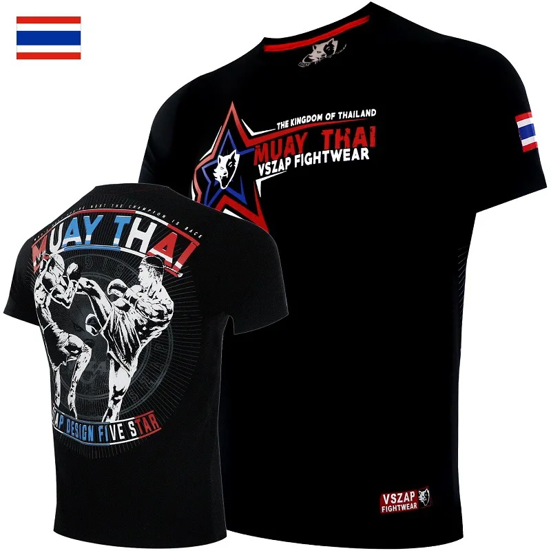 Vszap Muay Thai Fight Sports Pure Cotton Fighting T-shirt Competition Fitness Training MMA Duel Kick Combat Clothes