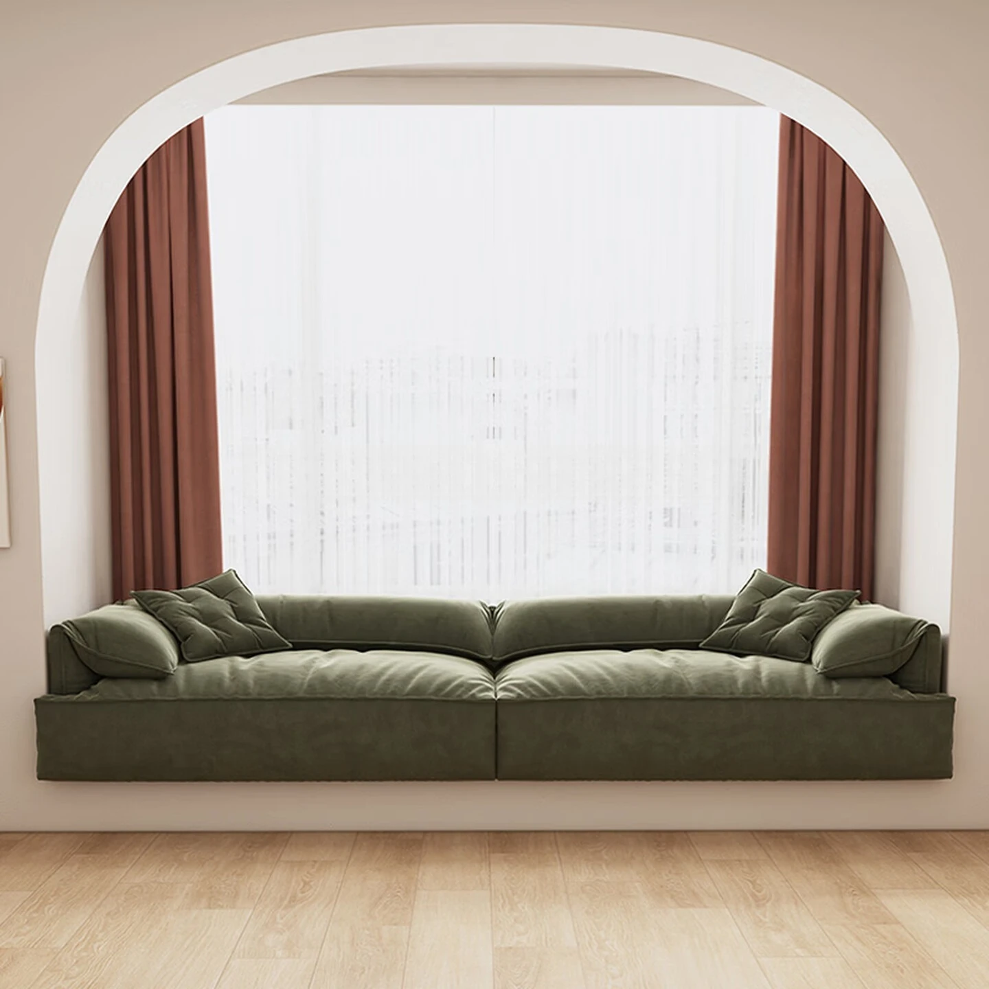 Elephant ears, bay window sofa, small bedroom renovation, window sill sofa