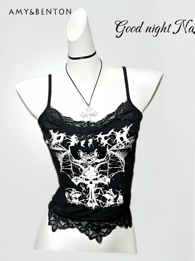 

Dark Girl Subculture Print Sling Vest Summer New Harajuku Style Hot Girl Y2K Tops Street Punk Lace Splicing Sexy Crop Top Women