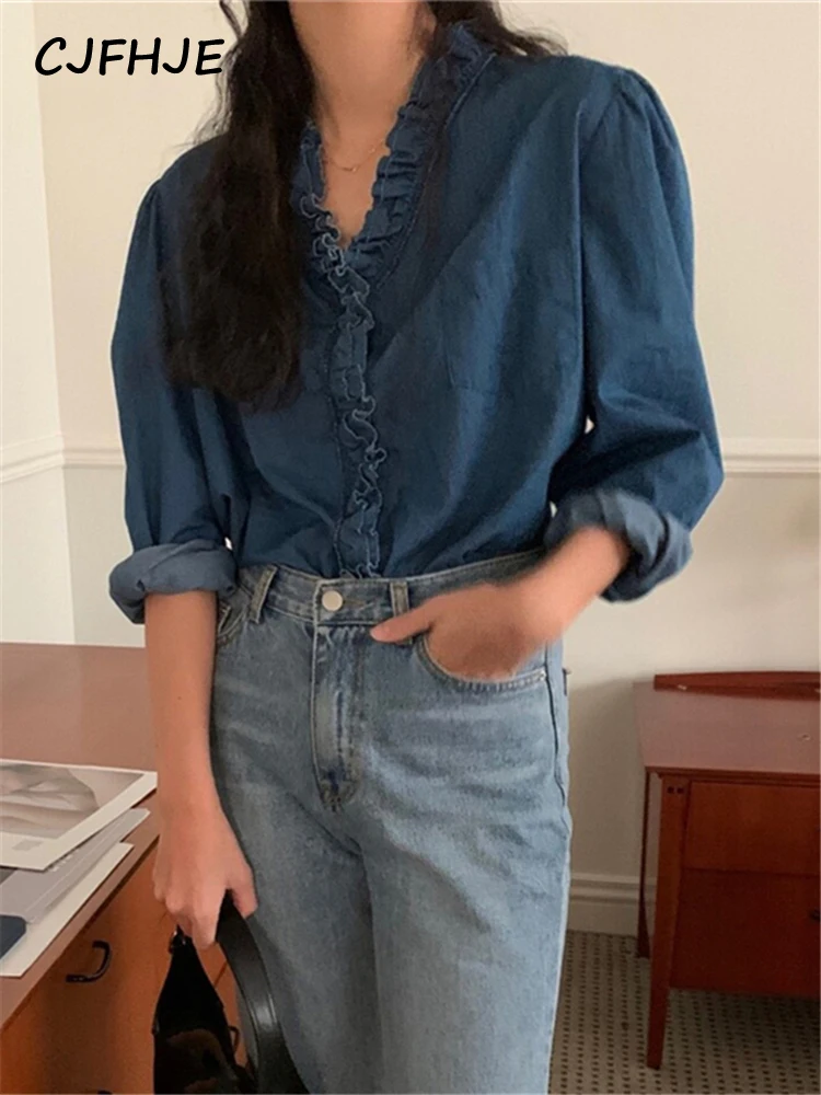 

CJFHJE Rruffles Vintage Elegant Office Lady Shirt Puff Sleeve New Korean Fashion Women Blouses Casual Autumn Winter Denim Shirts