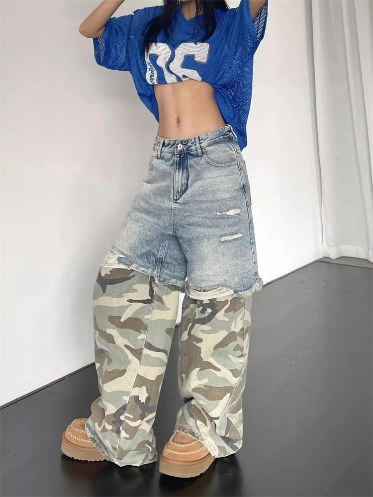 Women's Camouflage Splicing Fake Two Jeans Cool Girl Street Straight Bottoms Wide Legs Unisex Pants Female High Waisted Trousers