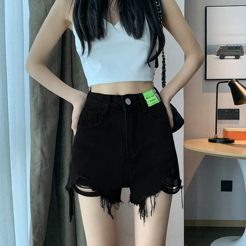 Black Hole Denim Shorts Women Summer High Waist Raw Edge Contrasting Colors Hot Shorts Fashion Sexy Slim Straight Jean Shorts