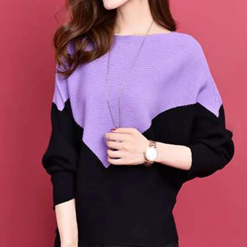 Autumn Winter Casual Fashion Patchwork Loose Sweaters Women Batwing Sleeve All-match Knitting Pullover Ladies Bottoming Jumper