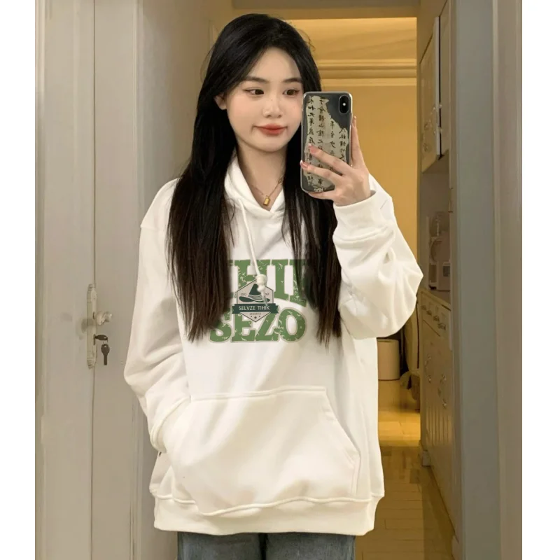 

Autumn Women's Clothing Korean Fashion New Baggy Solid White Pullover Sweatshirt Letter Print Raglan Sleeves Long Sleeves Hoodie