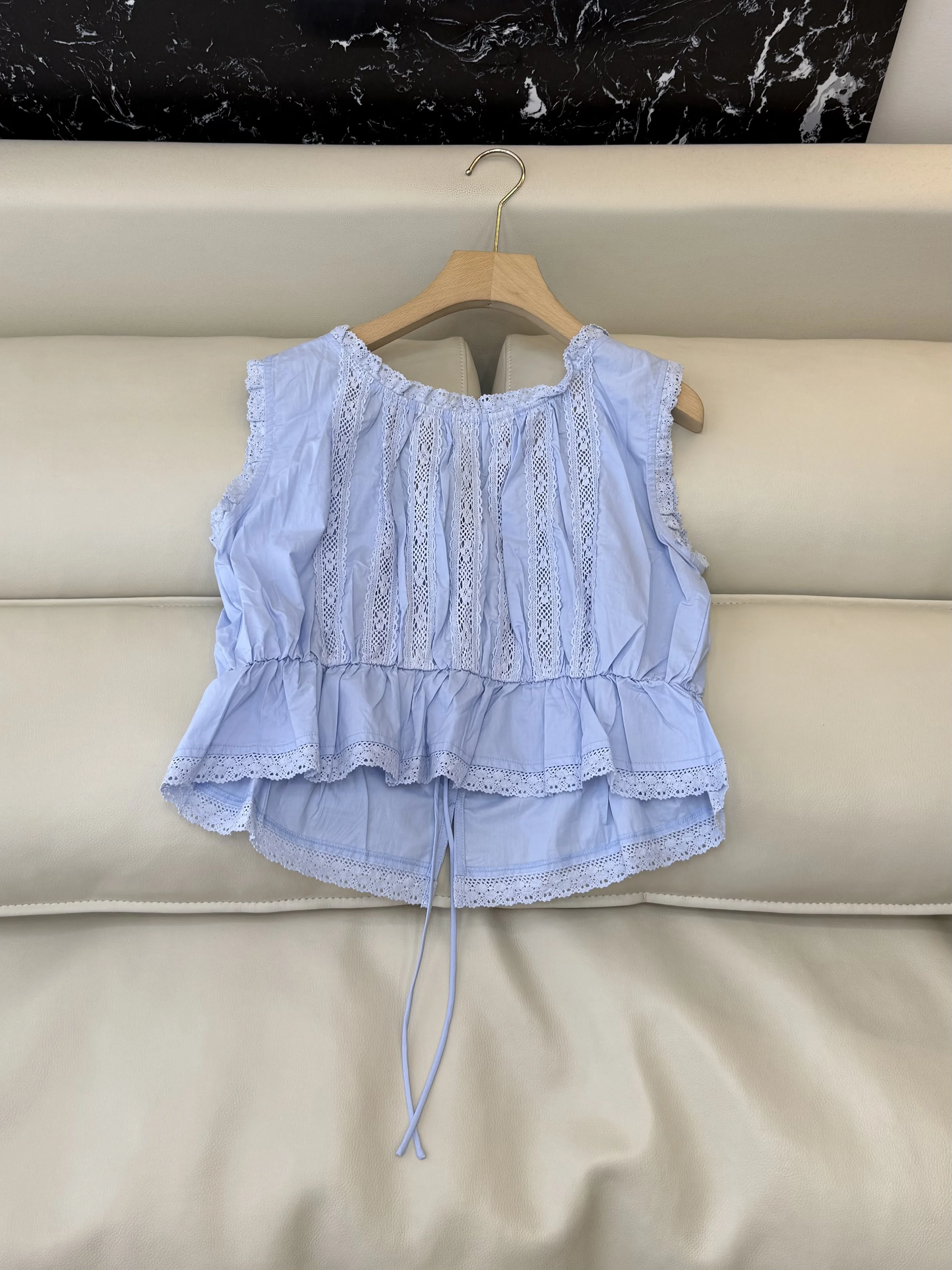 2026 new blue cotton embroidered sleeveless top