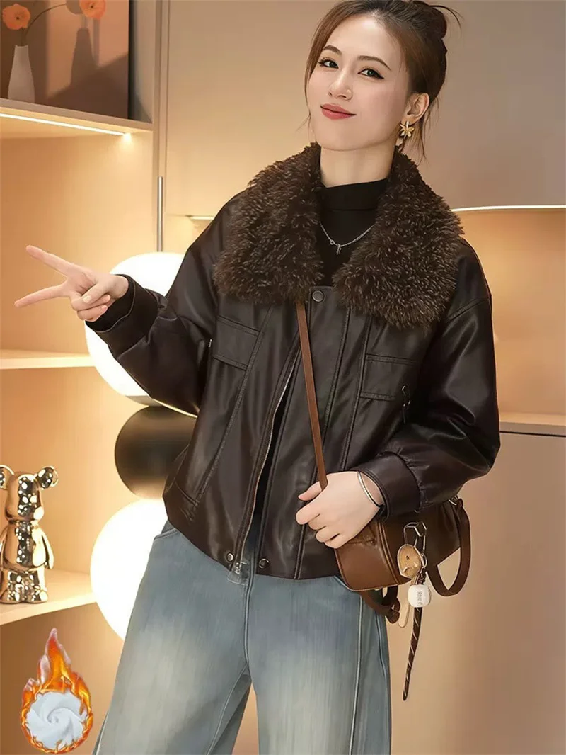 Women's Leather Jacket Fleece-lined Thickened Autumn Winter Coat New Detachable Fur Collar Stylish Warm Leather Outwear Tops