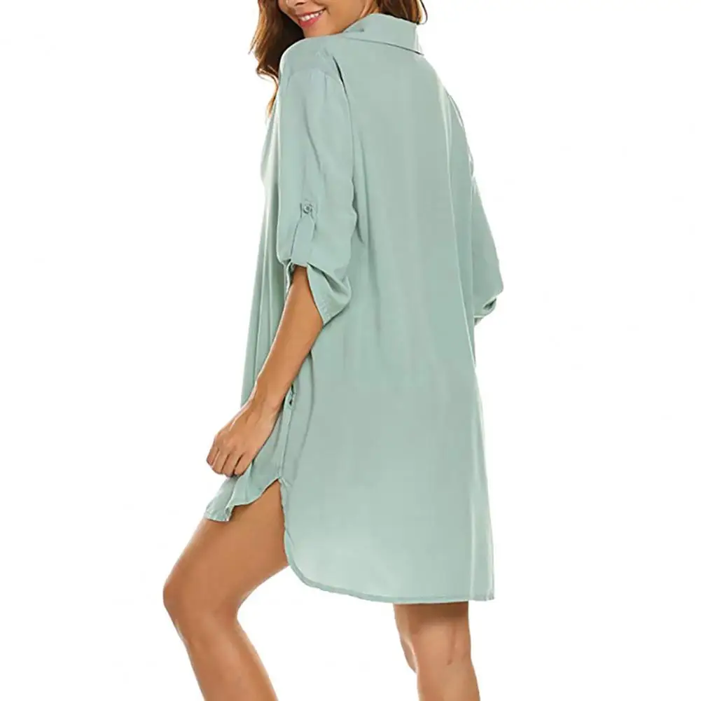 Loose Fit Thin Shirt Dress Solid Color V-neck Shirt Dress Loose Fit Three-quarter Sleeve Beach Cover-up with Side Slit Women