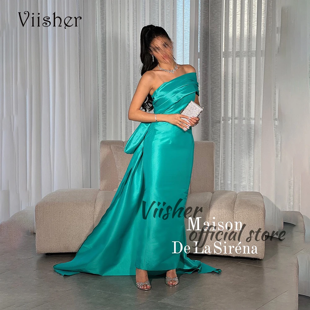 

Viisher Green Satin Mermaid Evening Dresses One Shoulder Arabian Dubai Prom Party Dress with Train Long Formal Occasion Gowns