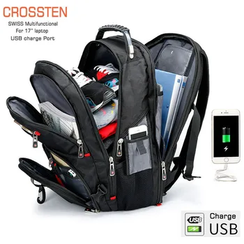 Zwitserse multifunctionele tassen Duurzame 17-inch laptoprugzak, reistas, universiteitsboekentas, USB-oplaadpoort, waterbestendig