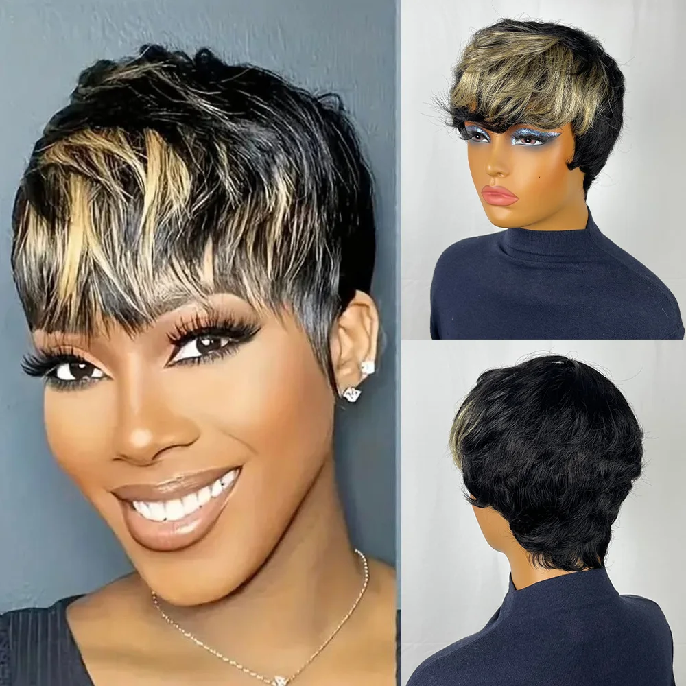 

Бразильский короткий парик с стрижкой пикси, вьющиеся волнистые предварительно выщипанные парики для женщин, 1B/27, цвет, полностью машинное производство, короткие парики из человеческих волос