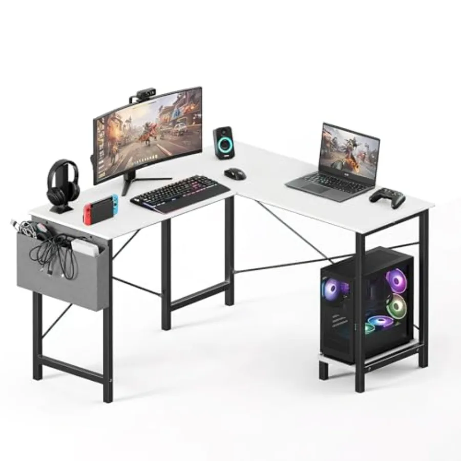 L Shaped Desk 50-Inch Office Computer Gaming Desks Corner PC Table with Side Bag and Reversible Shelf for Home Work Study Writi