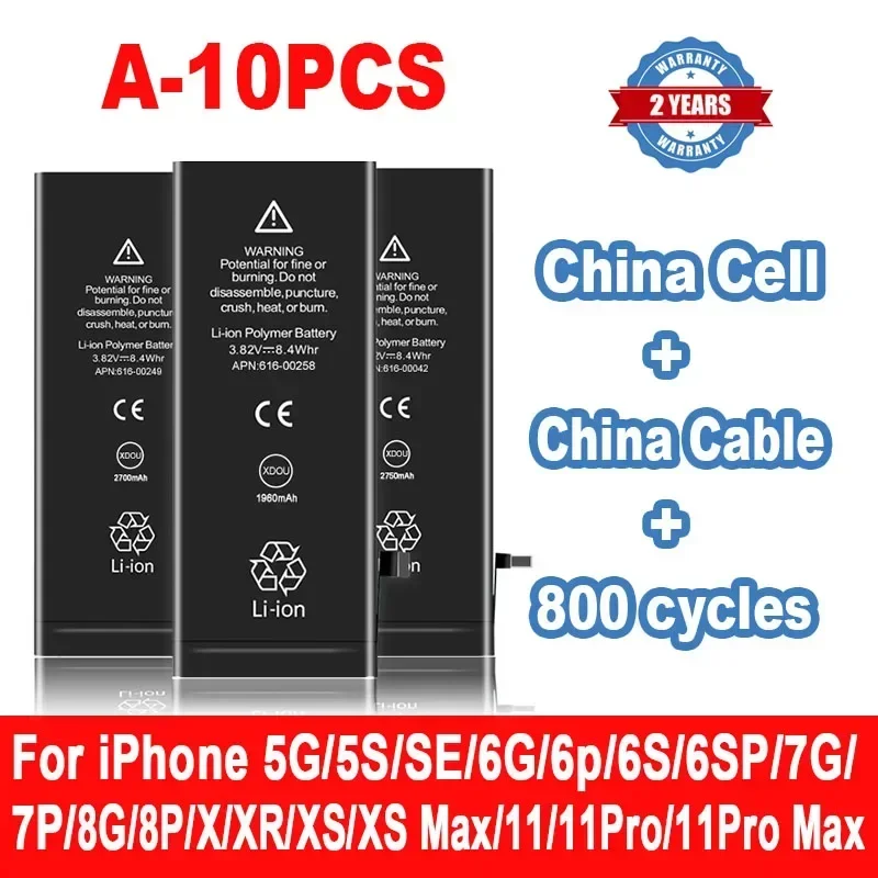 

10pcs/Lot Battery For iPhone 6 S 7 8 Plus 5S 5 SE 2020 6Plus 7Plus X XS 11 12 13 Mini Pro Max Replacement Bateria For 6S