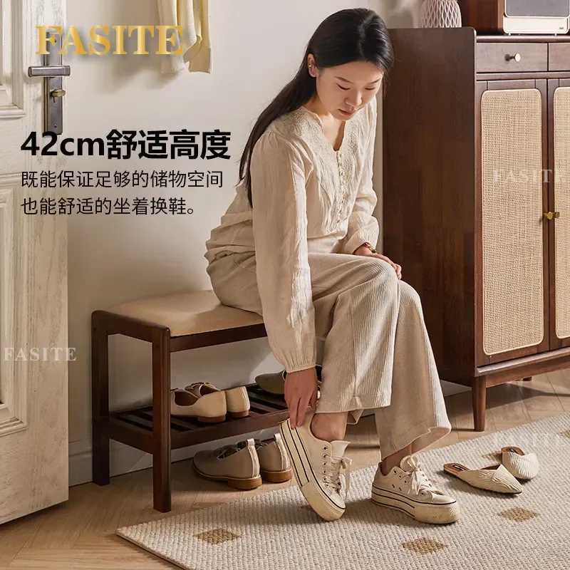 For Home Entryway Solid Wood Shoe Change Stool Double Layer Soft Cushioned Bench Shoe Rack Organizer Space Saving Furniture