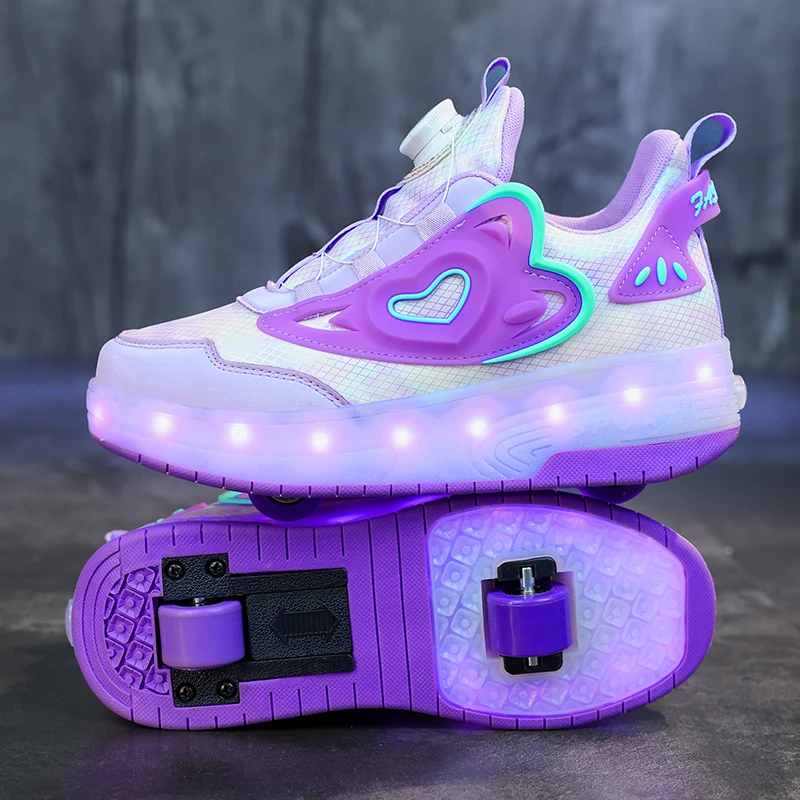 Children Two Girls Wheels Luminous Glowing Sneakers Heels Pink Led Light Roller Skate Shoes Kids Led Shoes USB Charging Fashion