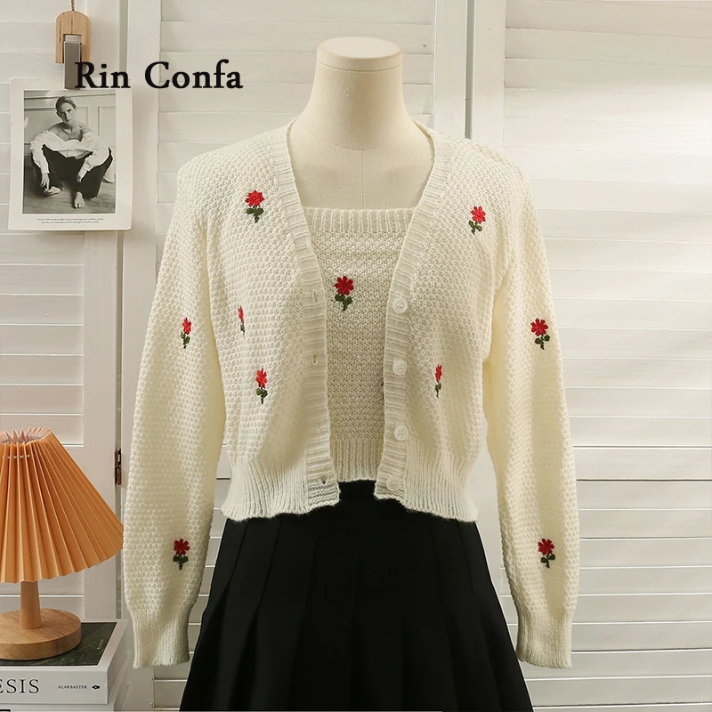 Rin Confa Suit Women Embroider Single-Breasted Low Neck Long Sleeve Overcoat Sweater Women Short Knitting Camisole