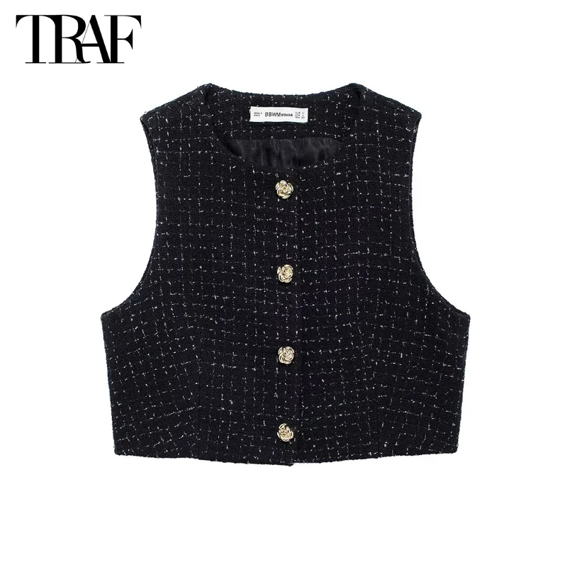 TRAF Black Cropped Sleeveless Vest Women Button Women\'s Tailored Vest Sets Autumn Texture Kamizelki dla kobiet Vintage Vest Top Women