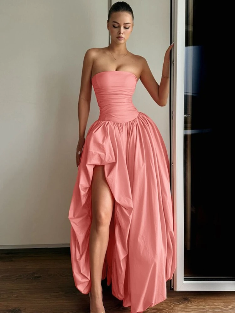 

FDYOUI Luxury Sleeveless Tunics Ruched Long Maxi Gowns Women Strapless Off Shoulder High Waist Split Solid Party Evening Dresses