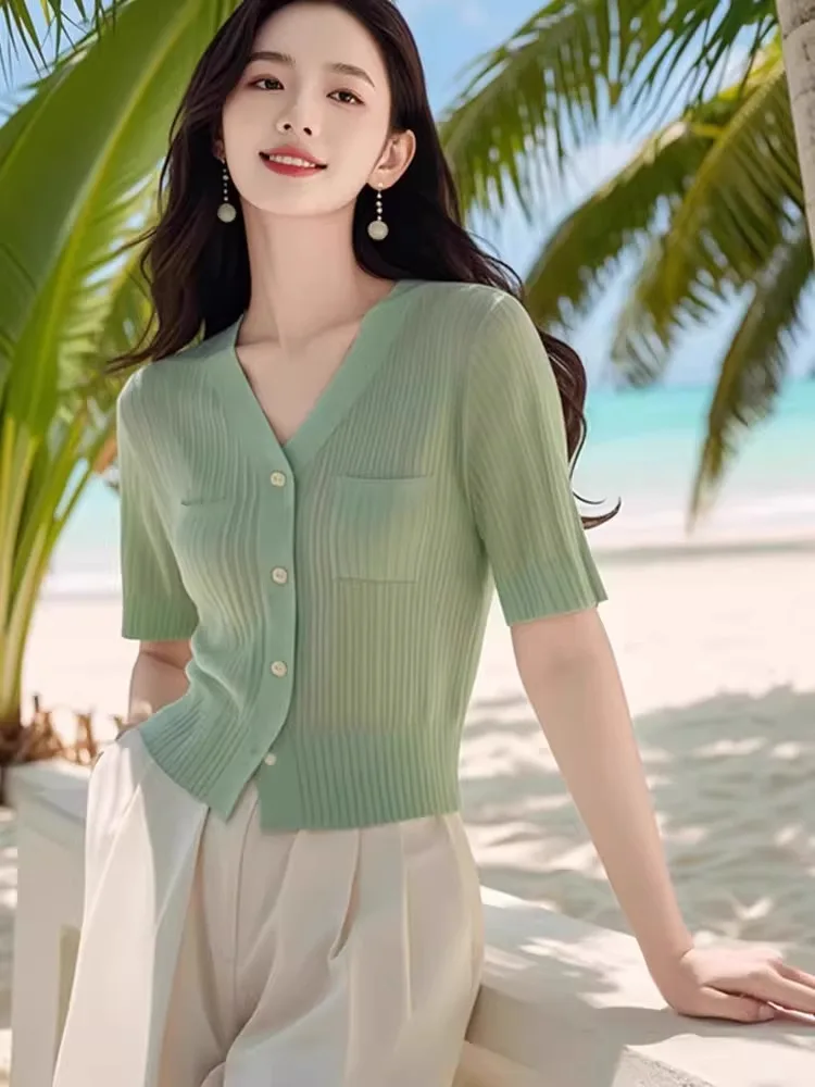 

Ele V-Ne Ice Silk ort Sve Knitted Open Cardigan Women's Faion Summer 2025 Single Button Design Straight Cut Sle