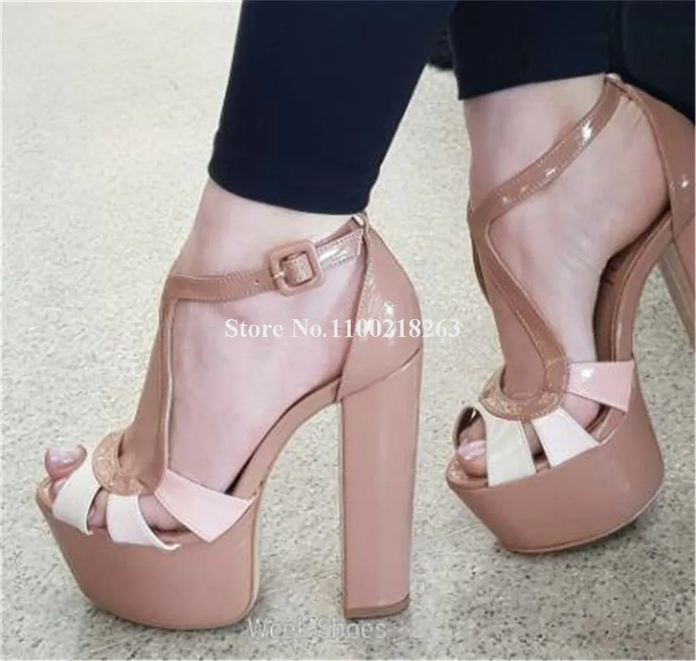 Fashion Women Patchwork Chunky Heel Sandals Peep Toe Patent Leather White Nude High Platform Thick Heel Dress Shoes Club Heels