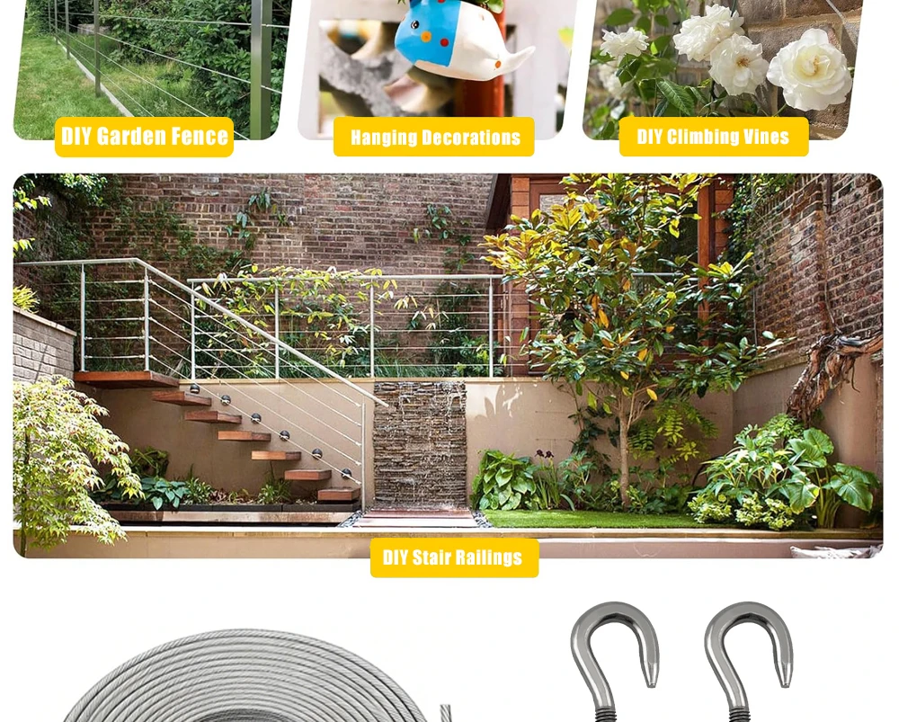 3mm Edelstahl-Drahtseil-Set mit PVC-Beschichtung, Hochleistungskabel für Balkongeländer, Farmzäune, Sonnenschutzvorrichtungen, Wäscheleine, 10-25m – Detail 6