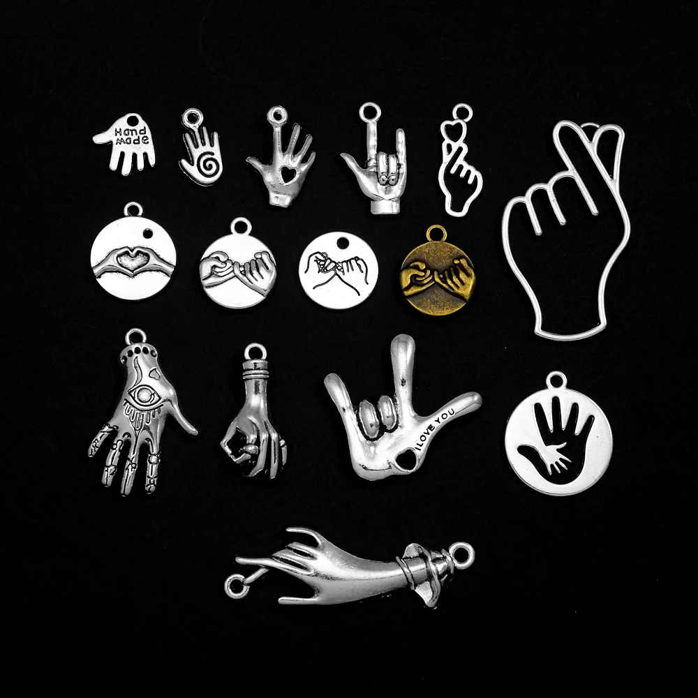 10/30pcs/lot Antique Hand Made Love Heart Gesture Sign Charms Pendant For Diy Jewelry Making Findings Supplies Accessories