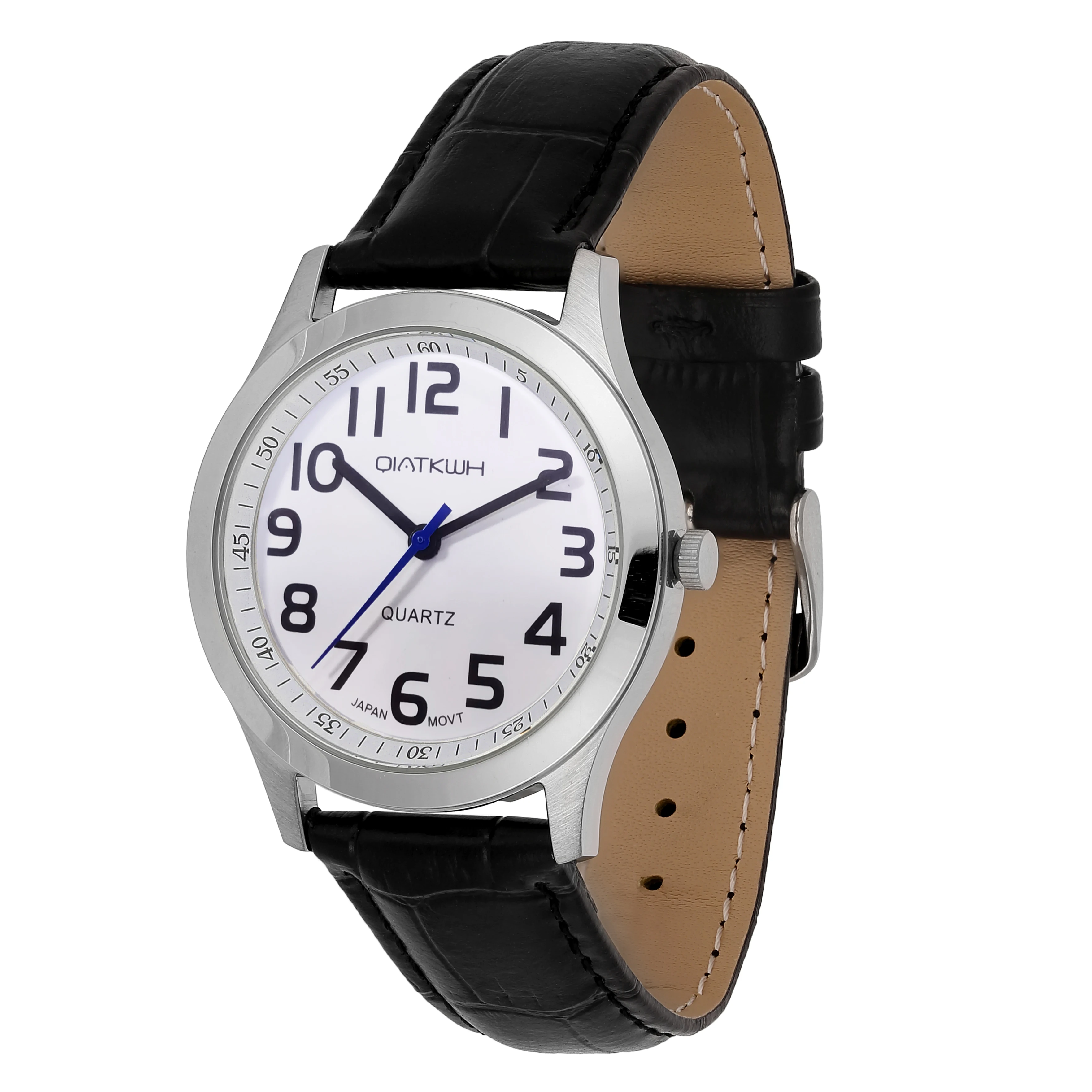 

QINGQIAN Fashion casual quartz watch,Silver stainless steel case with black leather strap