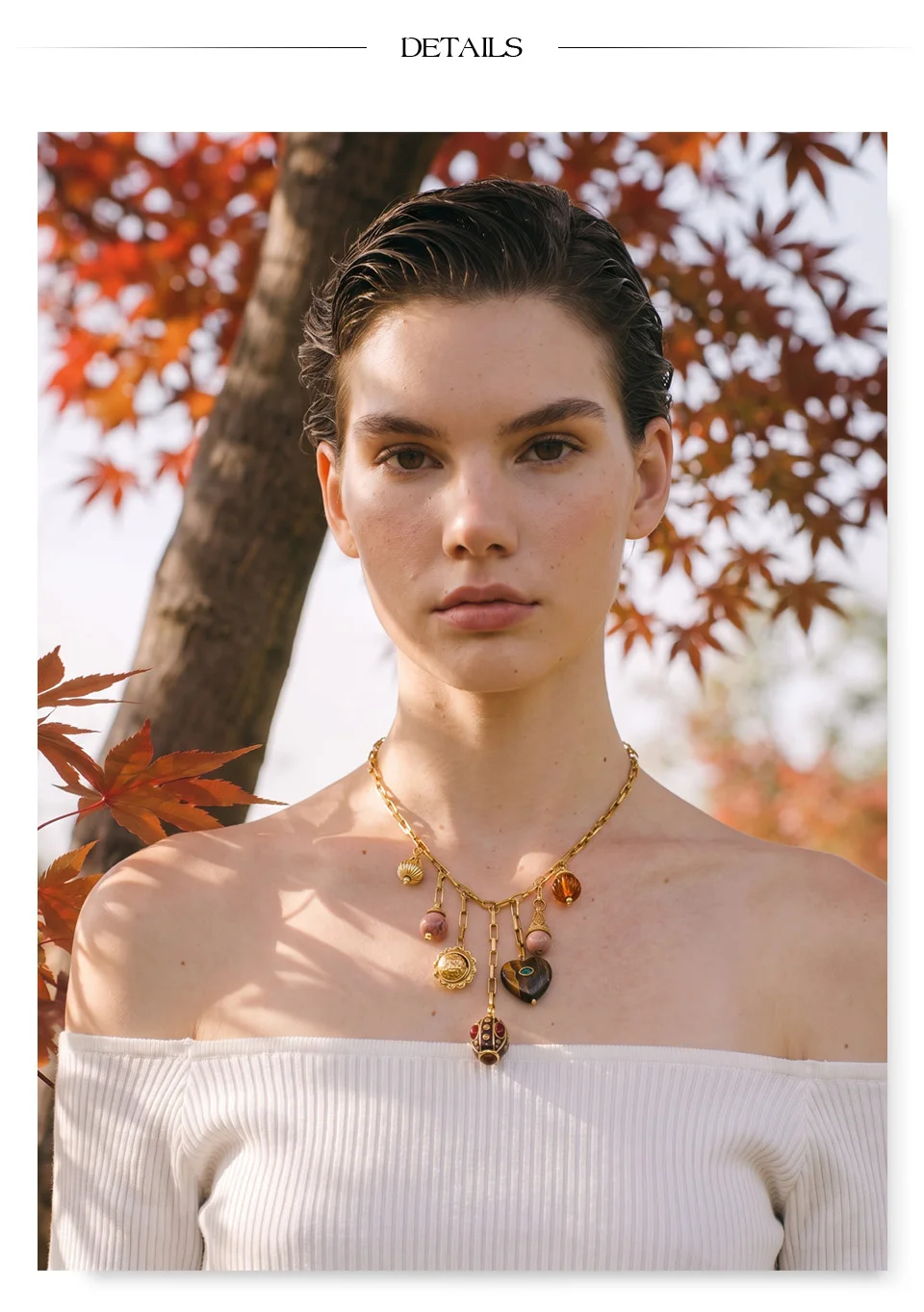 Yhpup Edelstahl-Halskette mit natürlichem Stein, rundem Herzanhänger, Herbst-Winter-Stil, Statement-Modeschmuck – Detail 4
