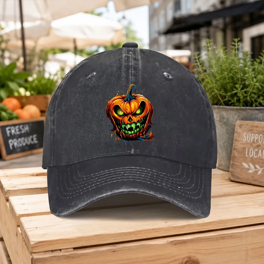 Scary Jack-O'-Lantern Face Baseball Cap Unisex Washed Cotton Cap for Halloween Outdoor Camping Hiking Sports