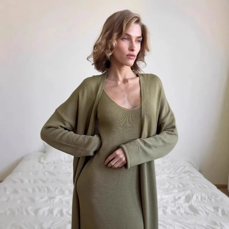 Knit Two Piece Set Sleeveless V Neck Maxi Dress with Long Sleeve Open Front Cardigan Soft Casual Loungewear for Daily Wear and V