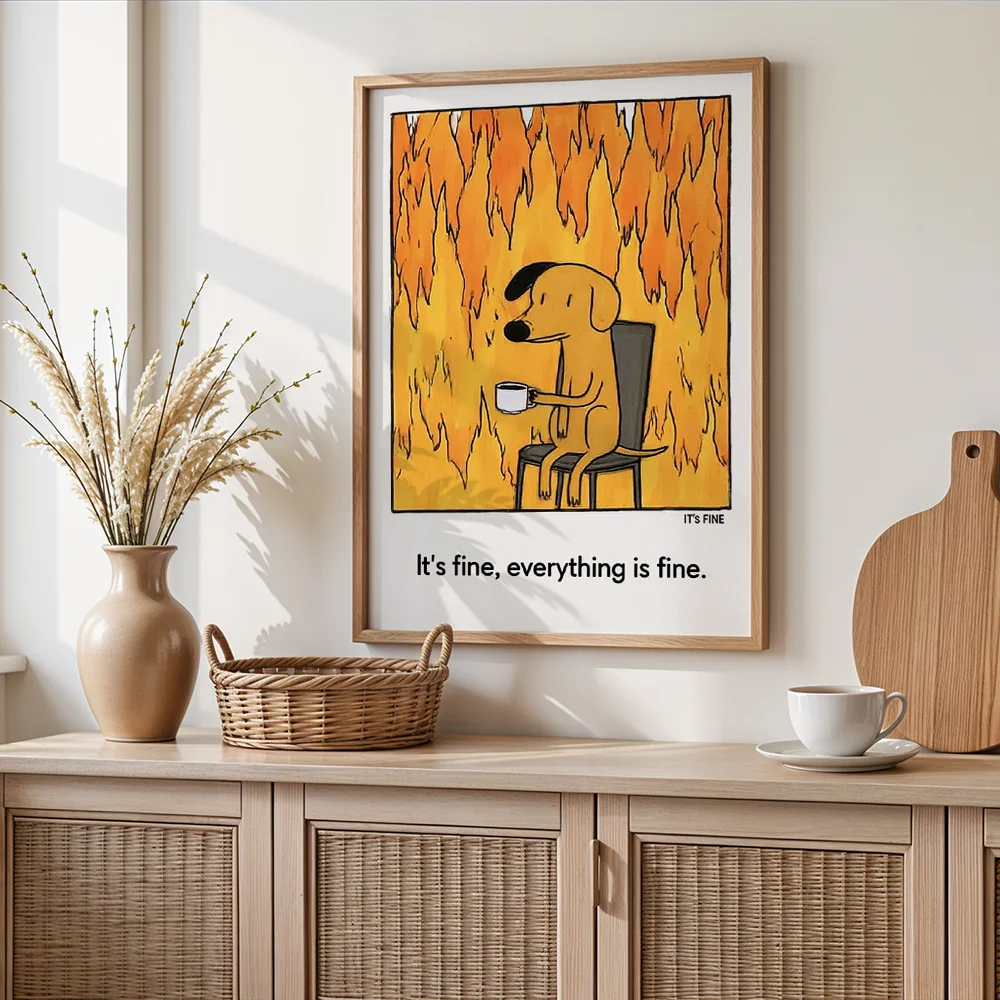 Modern Simple Cartoon Dog Holding Cup In Flames Canvas Poster Wall Hanging, Wall Art For Living Room Bedroom Office, Home Decor