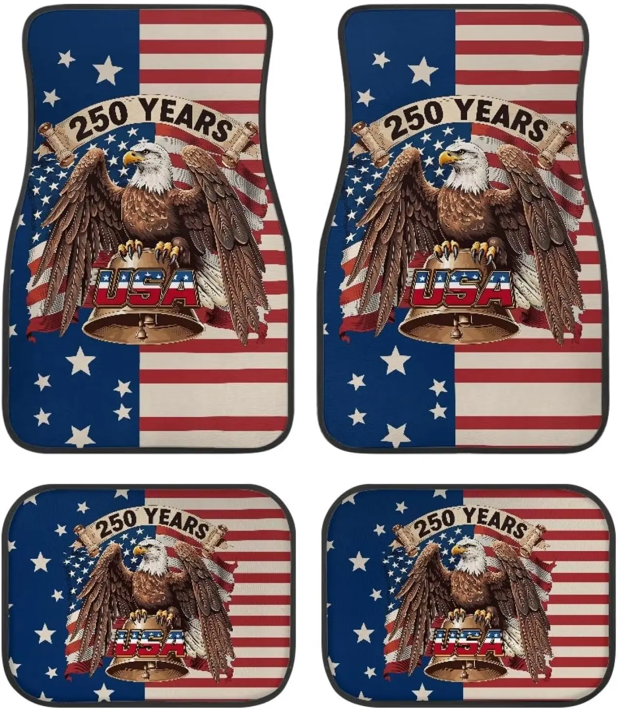 

Eagle 250 Years USA Flag Car Floor Mats 4 Piece Set, Heavy Duty Knitted Fabric Washable, American Flag Automotive Accessories