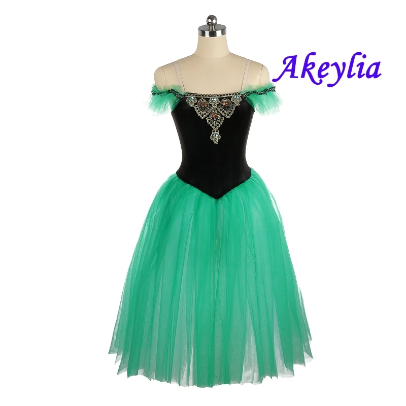 

Akeylia Black green Romantic Ballet tutu Dress Group dance Professional Ballerina velvet Women Ballet Long dress JNBL132