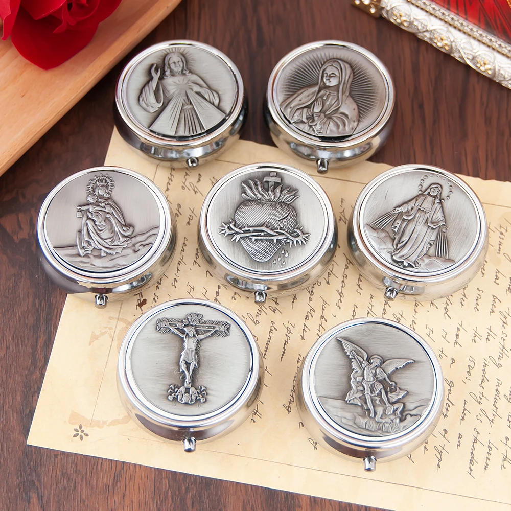 Silver Plated Religious Pill Boxes with Assorted Saints Icons for Christian Church Altar Communion Host and Rosary Storage Use