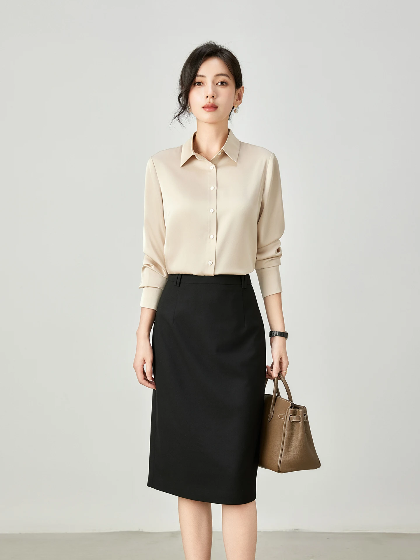 

Цвет шампанского Long Sve Acetate Satin Busin irt Женская облегающая формальная блузка Ele Profional для поездок на работу