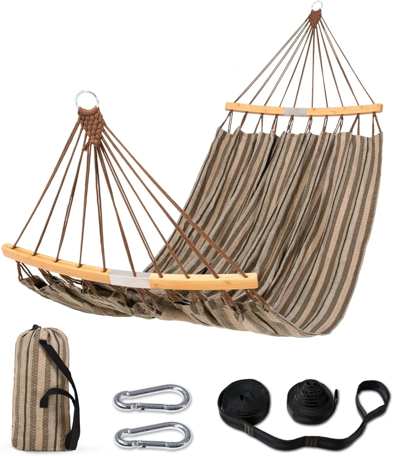 

Double Hammock with Curved Spreader Bar, Portable Outdoor Camping Hammock with Carrying Bag & Straps, Max 450lbs Capacity, Brown