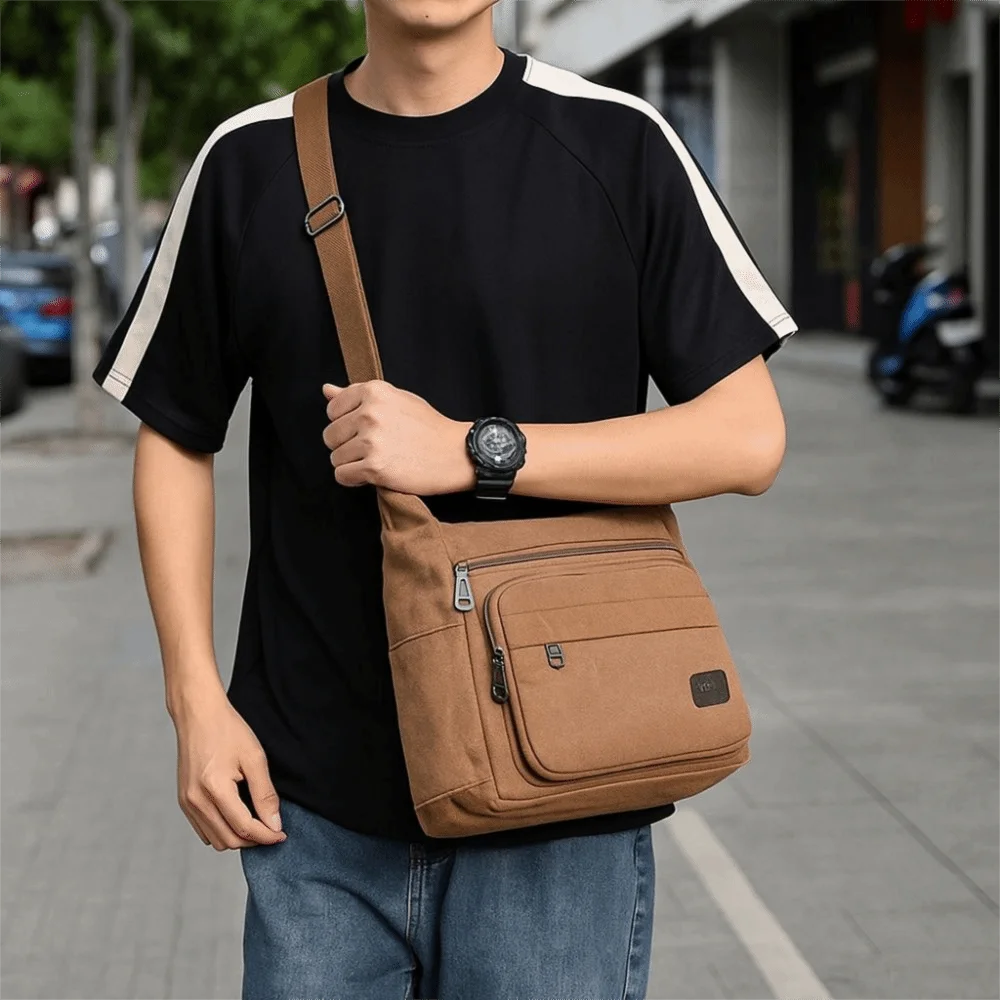 Tas Bahu Kanvas Kapasitas Besar Multifungsi Tas Kurir Multi-kompartemen Tahan Aus Tas Pria Tahan Lama Luar Ruangan
