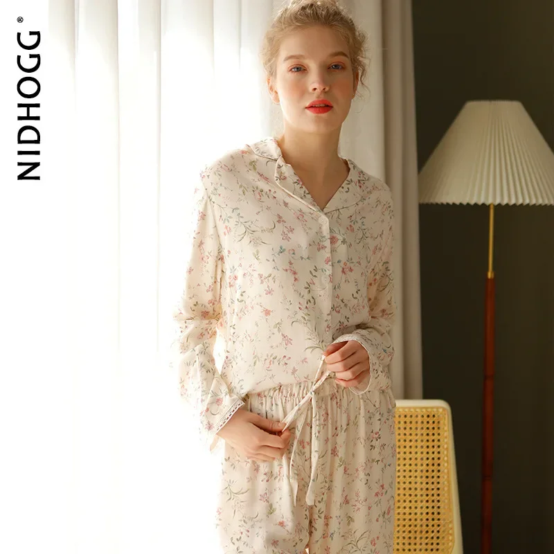 

Pre-sale 2024 Spring Satin Pajamas Long Sleeve Viscose Sleepwear Willow Leaf Print Lounge Wear Two Piece Pijama Set Pijama Mujer