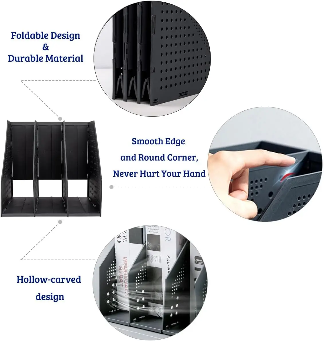 Collapsible 4 Compartment Magazine Holder Desktop Adjustable Sturdy File Dividers Document Cabinet Rack Display (Black)