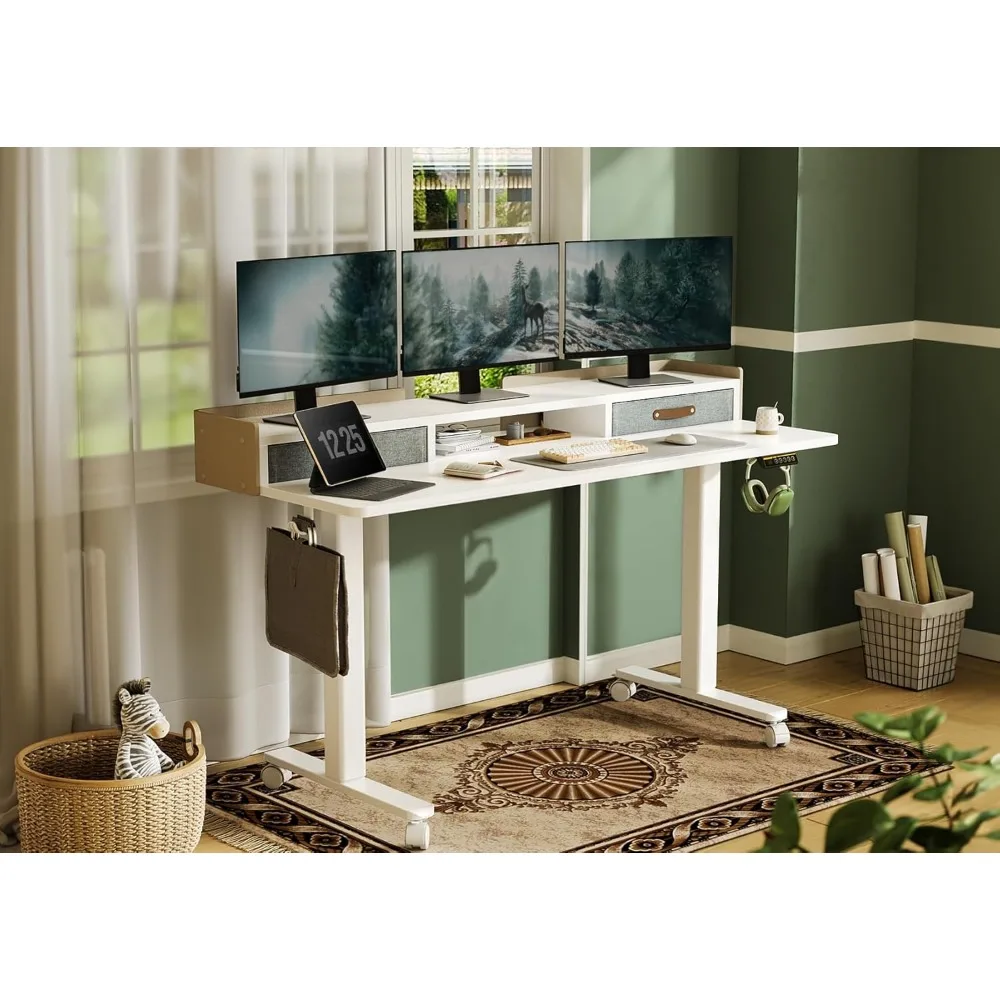 Mesa de pé com gavetas, mesa de pé elétrica ajustável em altura ajustável com prateleira de armazenamento e placa de emenda, 5