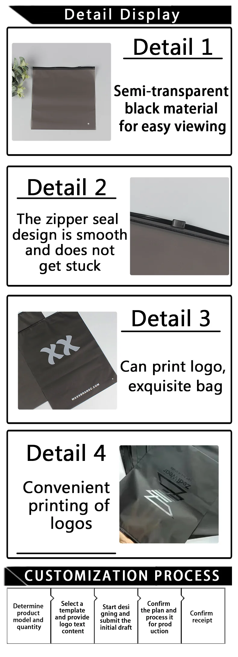50 Stück Schwarze Transparente Matte Reißverschluss-Verpackungsbeutel für Kleidung, Unterwäsche und Socken, Unterstützung für individuelles Logo – Detail 3