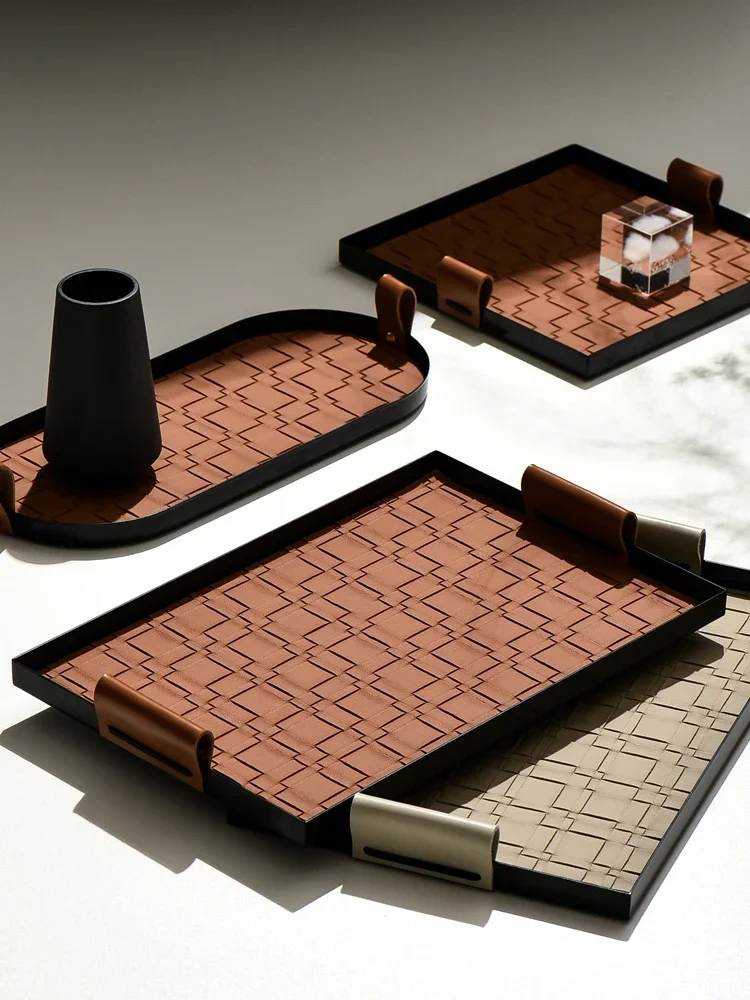 

Nordic light luxury woven leather iron art tray living room coffee table miscellaneous storage tray decorative display tray
